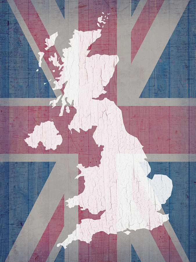 Map Mixed Media - Map of United Kingdom and Union Jack Flag on Barn Wood by Design Turnpike