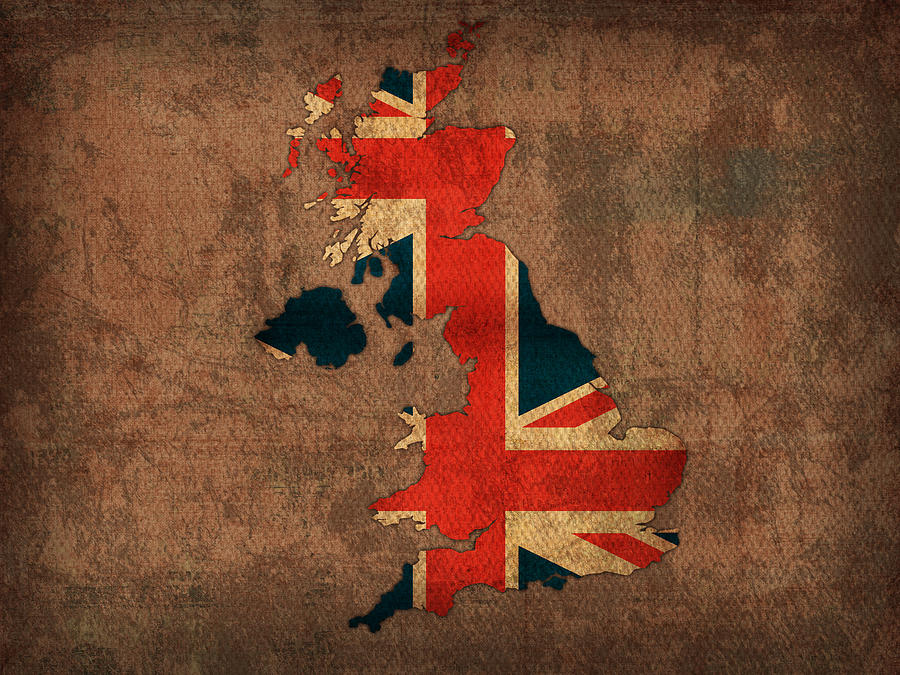 Map of United Kingdom With Flag Art on Distressed Worn Canvas Mixed