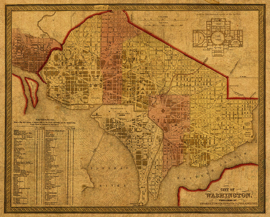 Vintage Mixed Media - Map of Washington DC in 1850 Vintage Old Cartography on Worn Distressed Canvas by Design Turnpike
