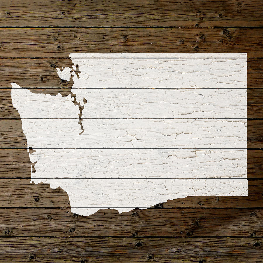Seattle Photograph - Map Of Washington State Outline White Distressed Paint On Reclaimed Wood Planks by Design Turnpike