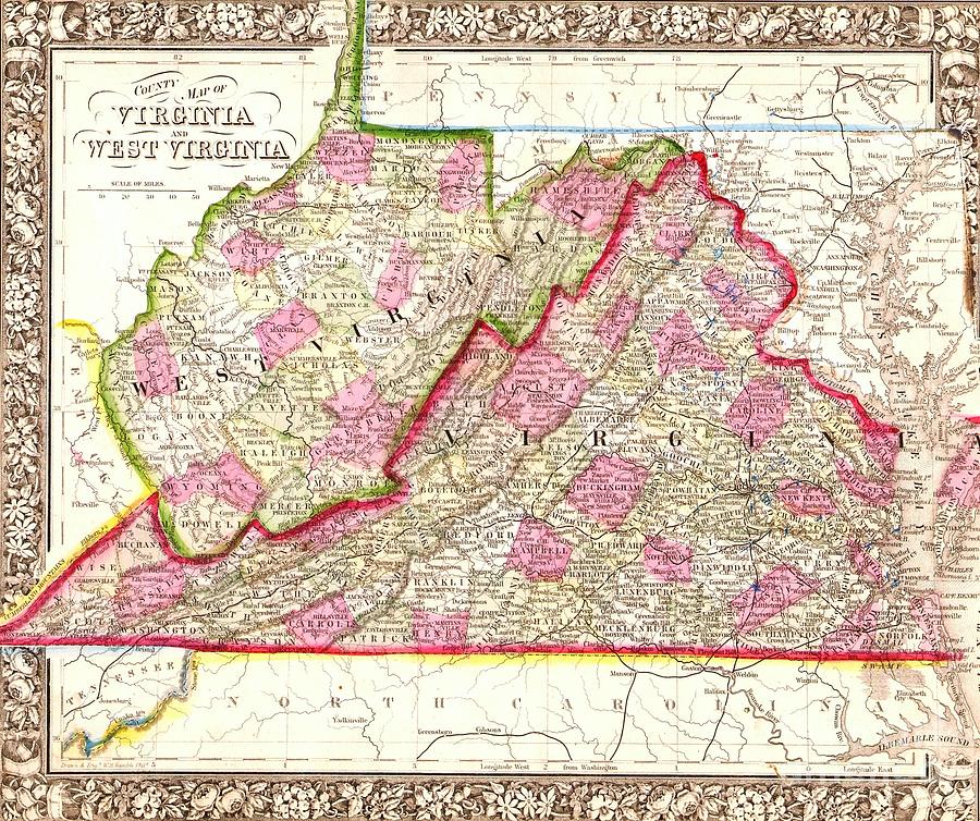 Map Virginia - West Virginia Drawing by Thea Recuerdo