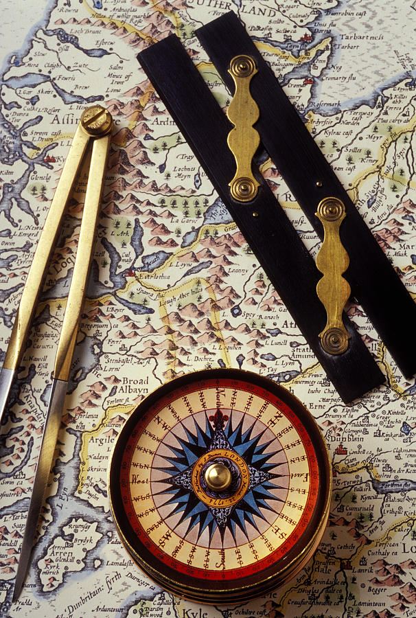 Map Photograph - Map with compass tools by Garry Gay