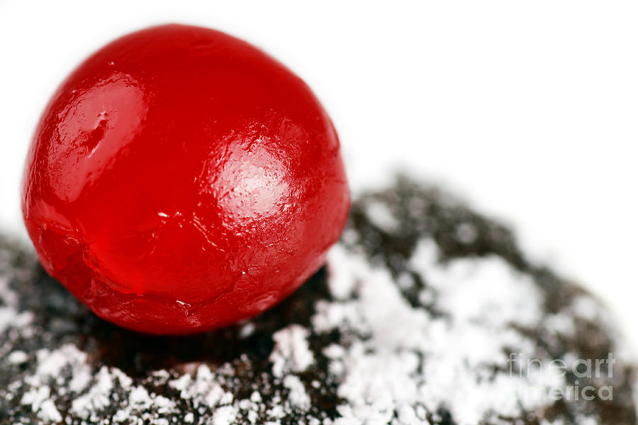 Candy Photograph - Maraschino cherry on chocolate cake by Sylvie Bouchard