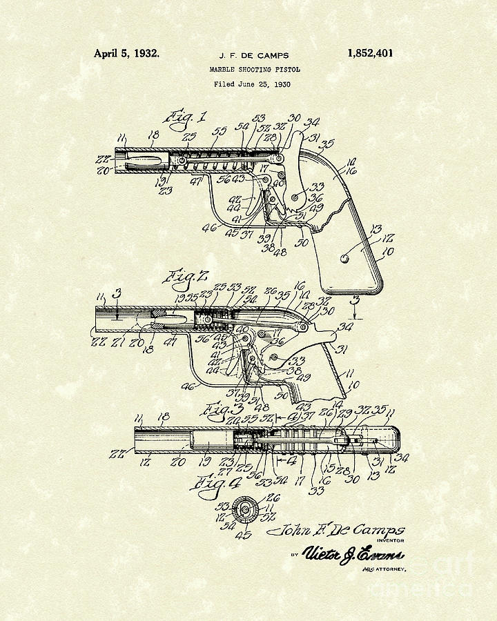 Marble Pistol 1932 Patent Art Drawing by Prior Art Design