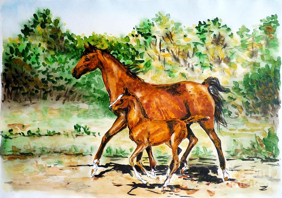 Horse Painting - Mare with Foal by Zaira Dzhaubaeva