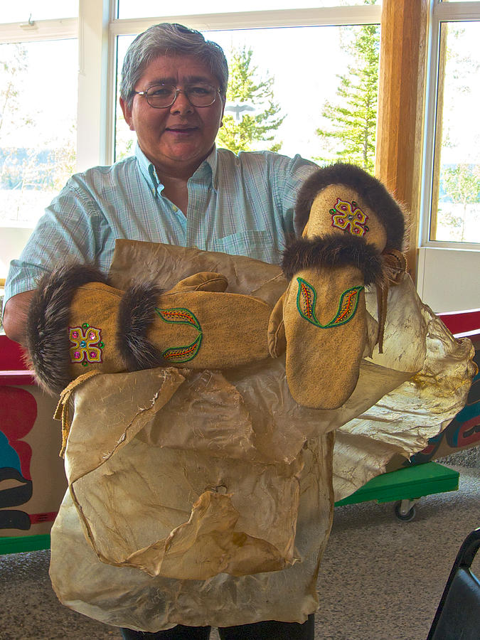 Margaret Wearing Beaver Cuffed Gloves She Made In Tlingit Heritage
