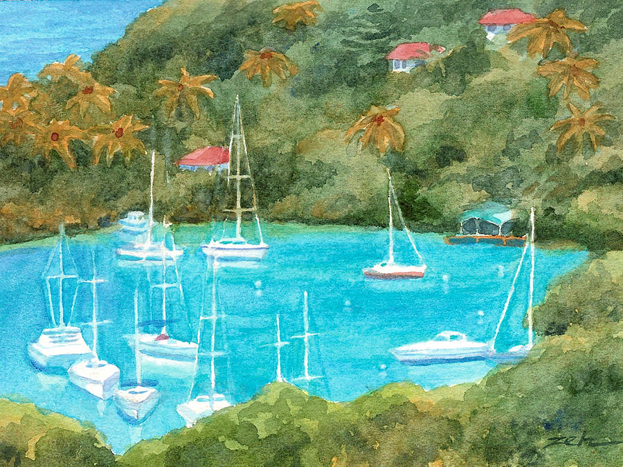 Marigot Bay Tropical Harbor Painting by Janet Zeh