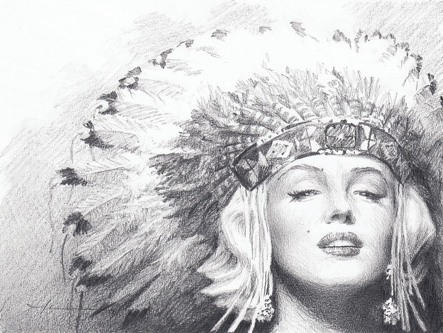 Marilyn Monroe In Headdress Pencil Portrait Drawing by Mike Theuer Marilyn Monroe In Headdress Pencil Portrait Drawing by Mike Theuer