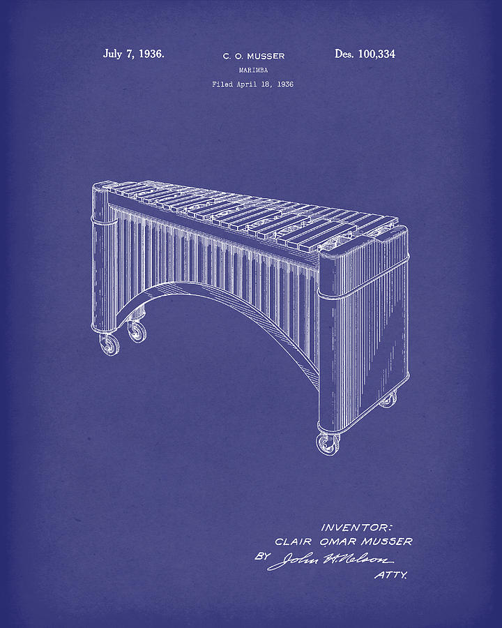 Marimba 1936 Patent Art Blue Drawing by Prior Art Design