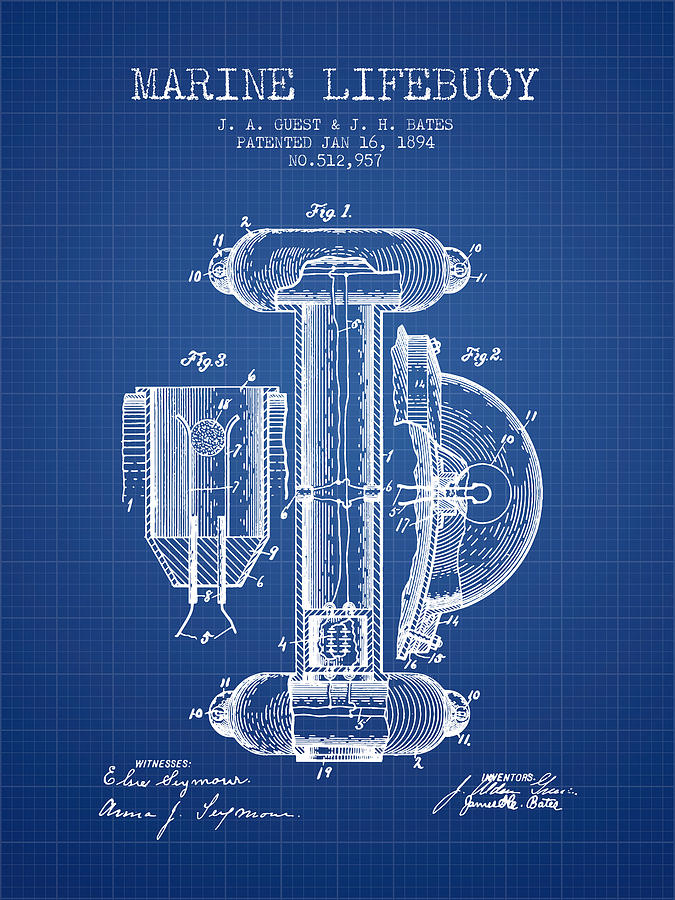 Lifebuoy Digital Art - Marine Lifebuoy Patent From 1894 - Blueprint by Aged Pixel Lifebuoy Digital Art - Marine Lifebuoy Patent From 1894 - Blueprint by Aged Pixel