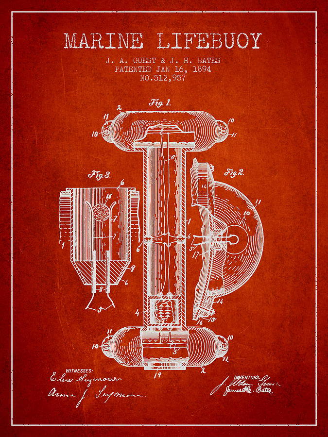 Vintage Digital Art - Marine Lifebuoy Patent from 1894 - Red by Aged Pixel