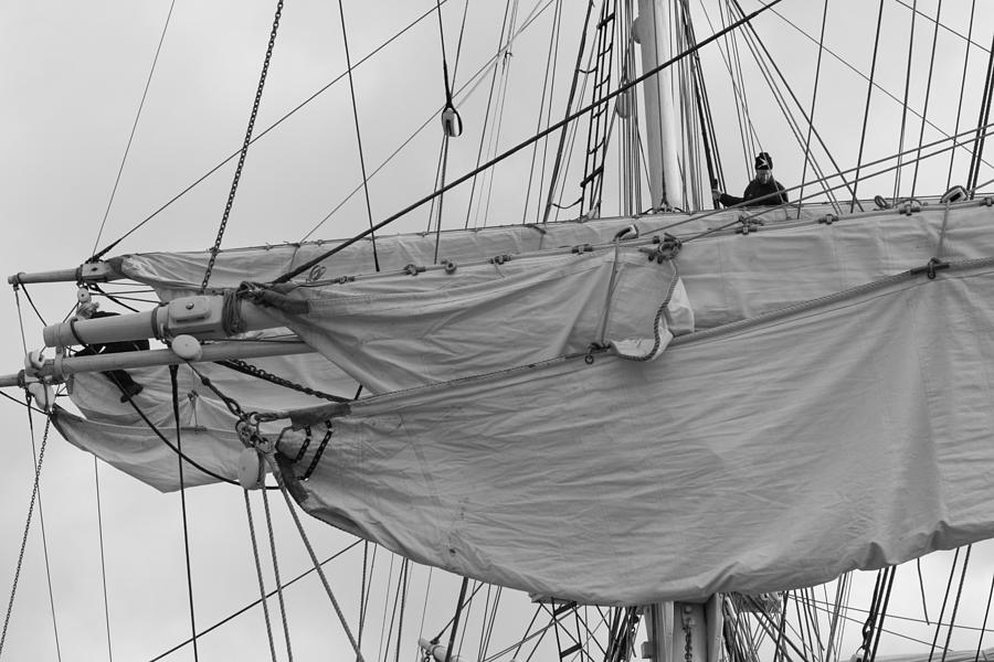 Mariner working in the rigging of a brig - monochrome Photograph by Ulrich Kunst And Bettina Scheidulin