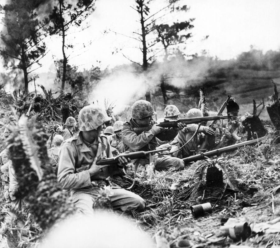 Vintage Photograph - Marines In Okinawa by Underwood Archives