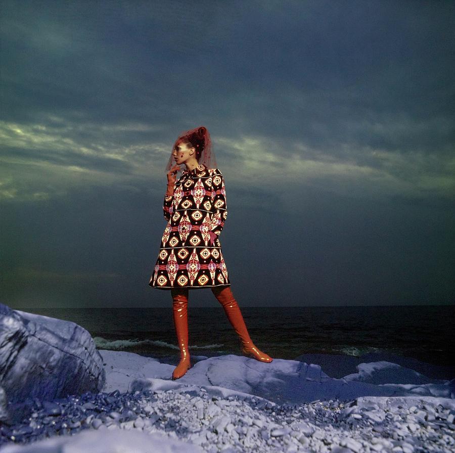 Marisa Berenson Wearing A Patterned Coat Photograph by Arnaud de Rosnay