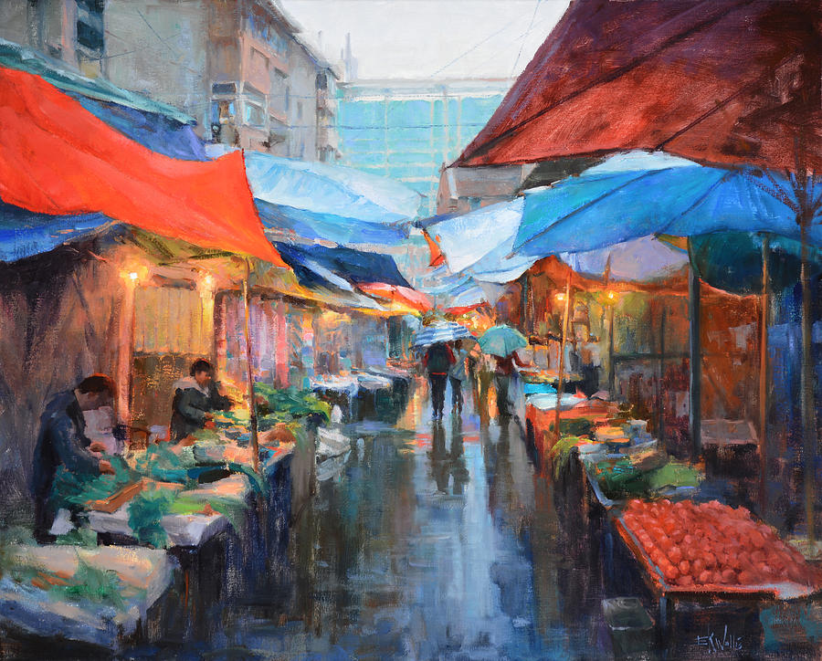 Architecture Painting - Market in Rain by Eric Wallis