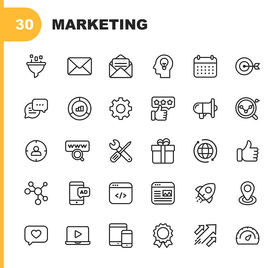 Marketing Line Icons. Editable Stroke. Pixel Perfect. For Mobile and Web. Contains such icons as Email Marketing, Social Media, Advertising, Start Up, Like Button, Video Ads, Global Business. Drawing by Rambo182