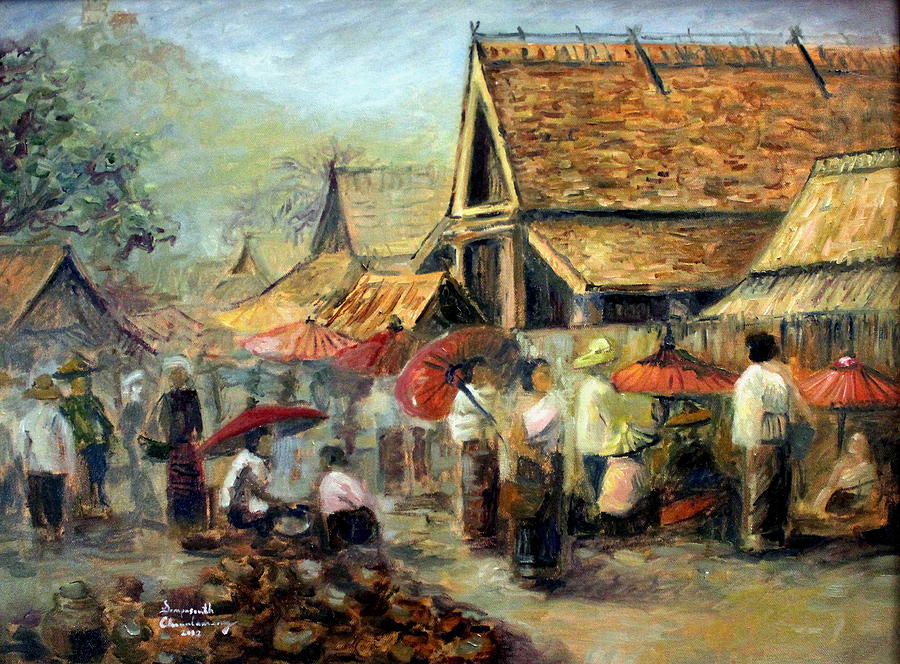 Marketplace in Luang Prabang Painting by Sompaseuth Chounlamany