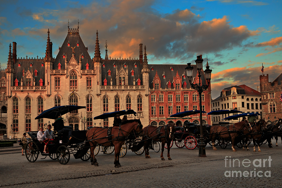 Sunset Photograph - Markt Square at dusk in Bruges by Louise Heusinkveld