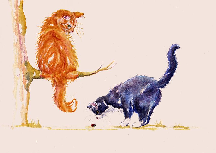 Cat Painting - Marmalade and Tuxedo by Debra Hall