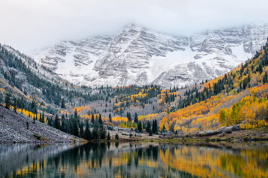 Maroon Bells At First Snow Photograph by Jesse McLaughlin