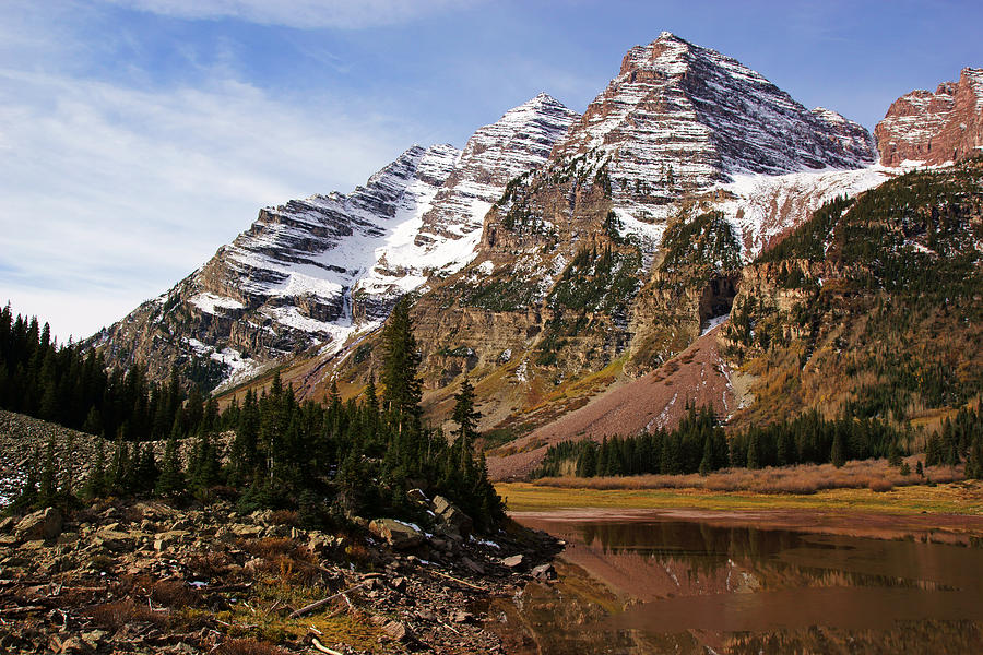 Maroon Bells over Crater Lake Photograph by Daniel Woodrum
