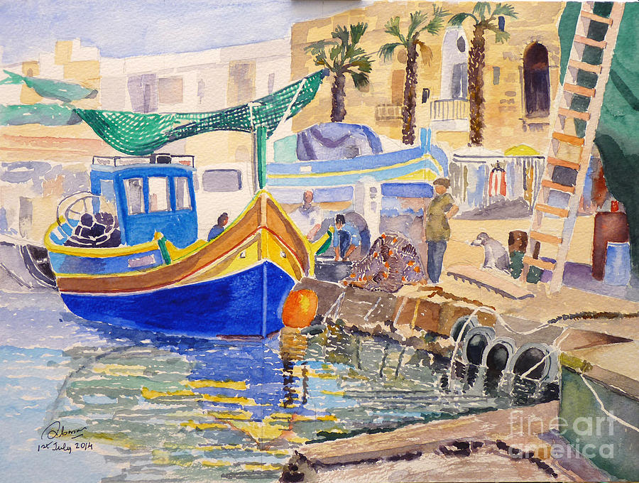 Boat Painting - Marsaxlokk fishing village by Godwin Cassar