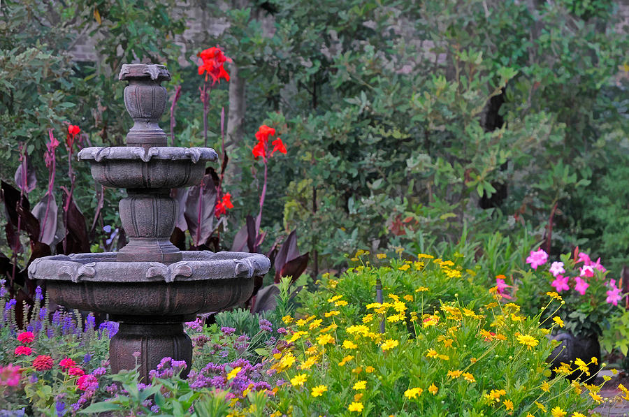Garden Fountain and Flowers Photograph by Ginger Wakem