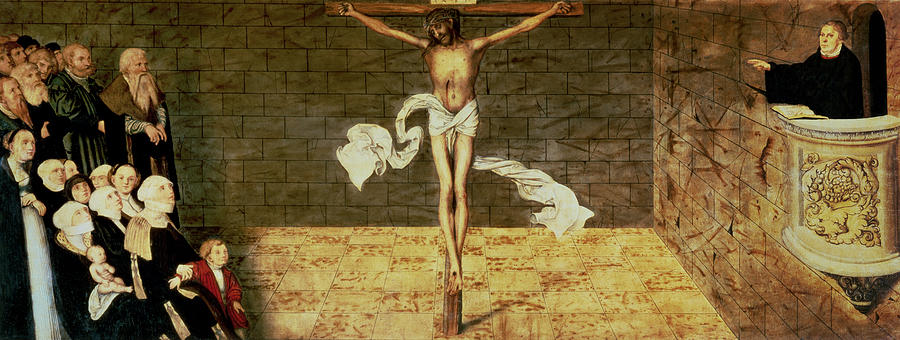 Crucifixion Photograph - Martin Luthers Sermon, Detail From A Triptych, 1547 Oil On Panel by Lucas, the Elder Cranach