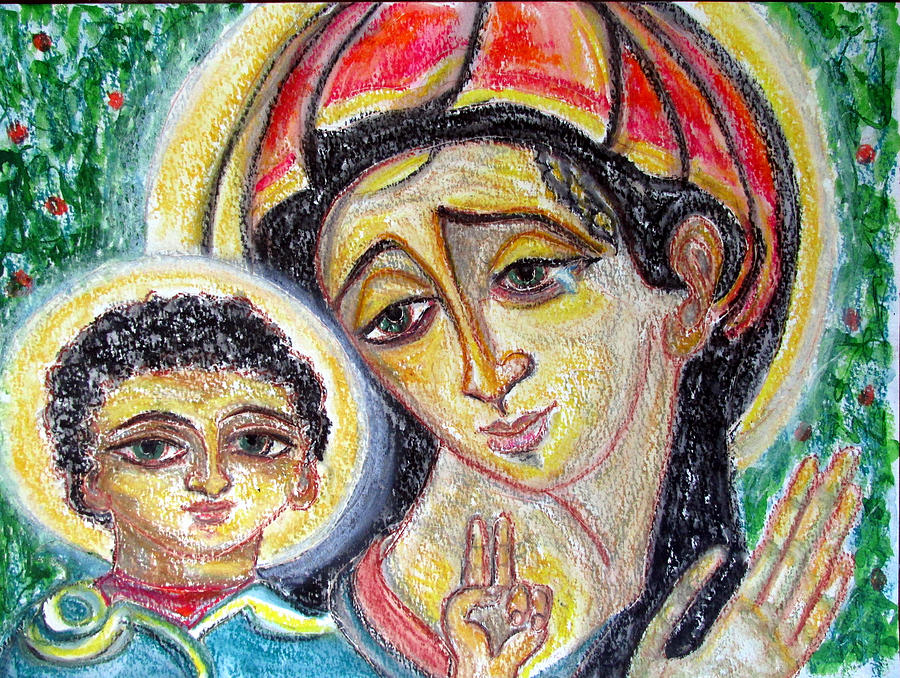 Mary and Jesus of green eyes Painting by Sarah Hornsby