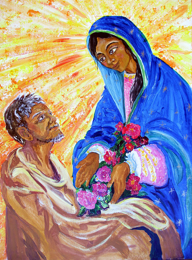 Mary of Guadalupe giving Roses to Juan Diego Painting by Sarah Hornsby