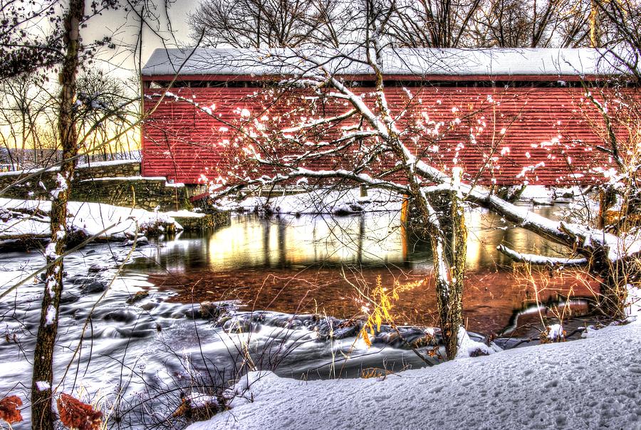 Maryland Country Roads - Readying for the Night - Winter Loys Station Covered Bridge Photograph by Michael Mazaika