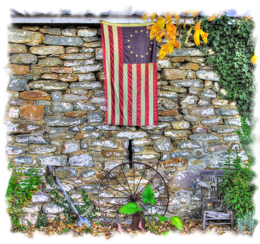 Maryland County Roads - Stone Outbuilding With Betsy Ross American Flag - Thurmont Frederick County Photograph by Michael Mazaika