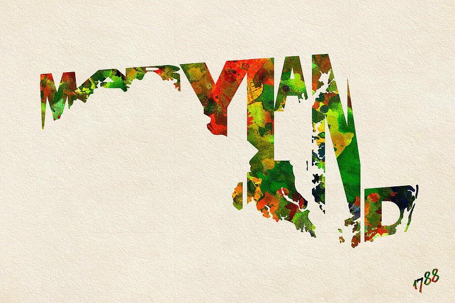 Maryland Map Painting - Maryland Typographic Watercolor Map by Inspirowl Design