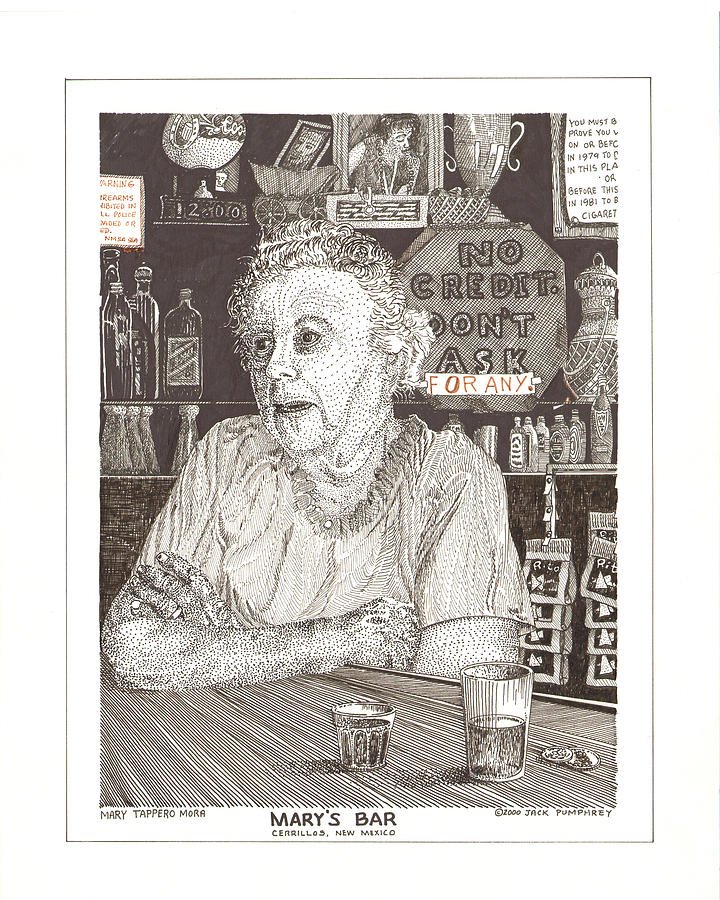 Mary in Marys Bar Cerrillos New Mexico Drawing by Jack Pumphrey