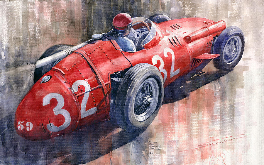 Watercolor Painting - Maserati 250F J M Fangio Monaco GP 1957 by Yuriy Shevchuk