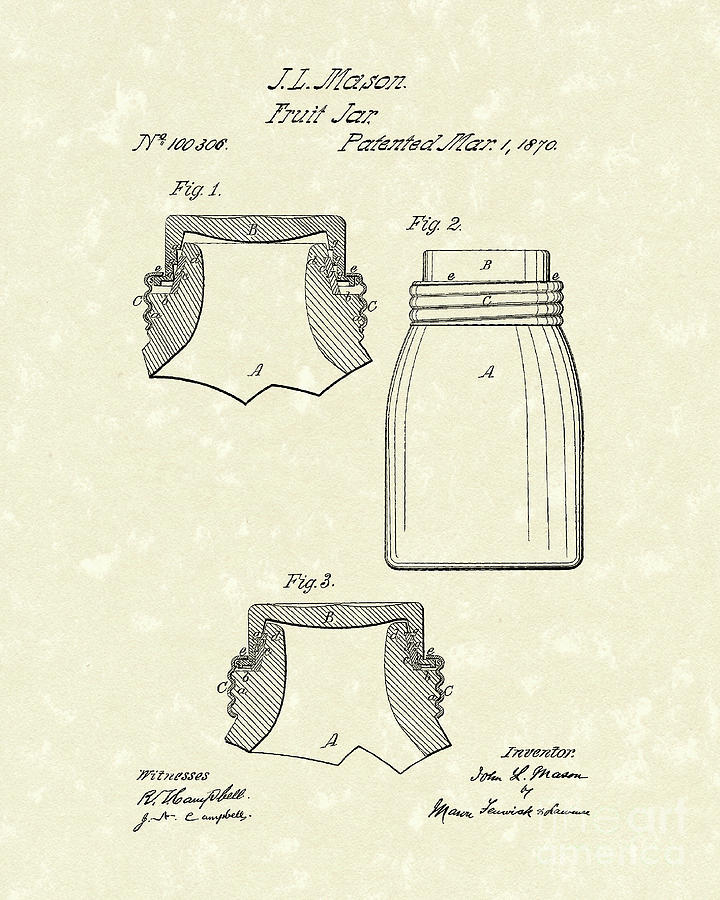 Mason Fruit Jar 1870 Patent Art Drawing by Prior Art Design