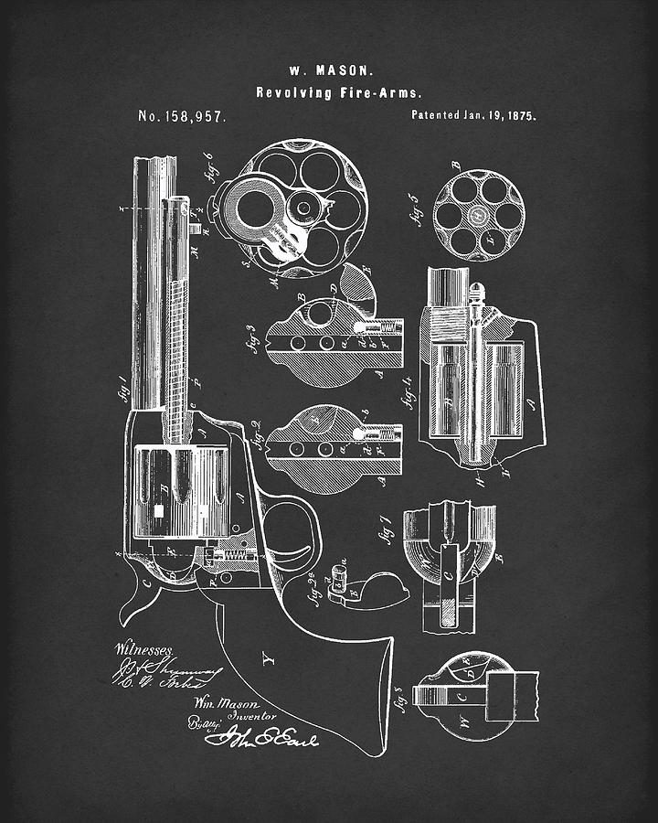 Mason Revolving Firearm 1875 Patent Art Black Drawing by Prior Art Design