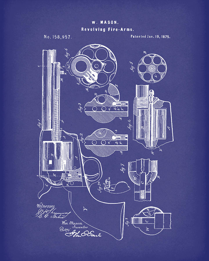 Mason Revolving Firearm 1875 Patent Art Blue Drawing by Prior Art Design