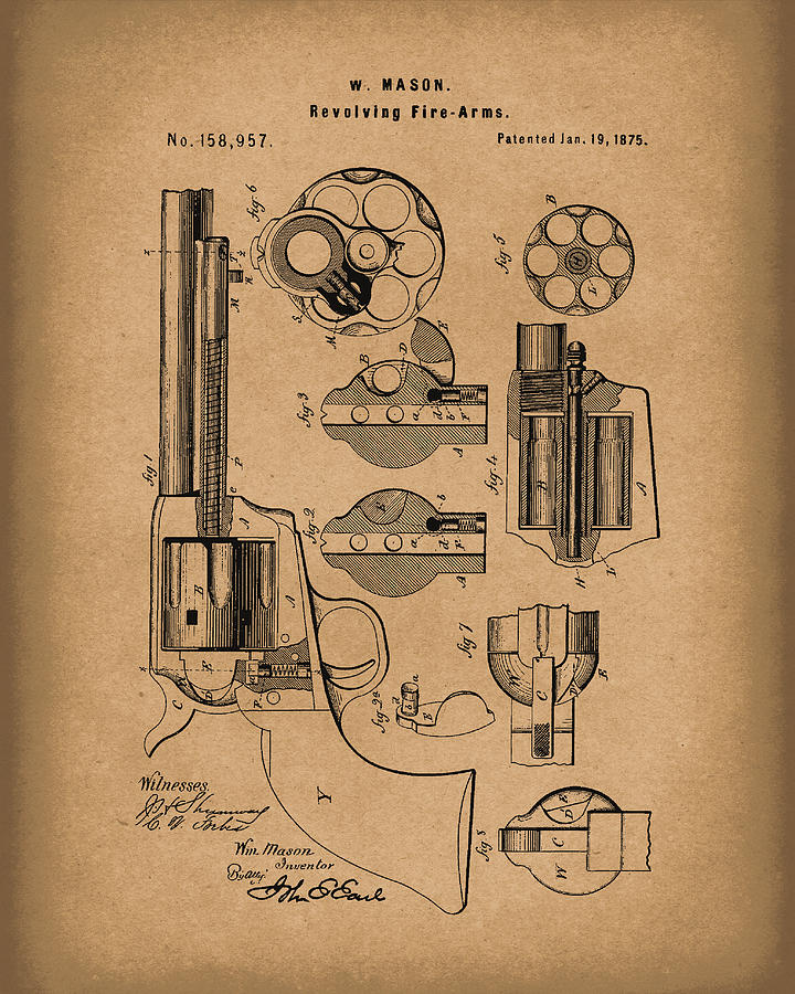 Mason Revolving Firearm 1875 Patent Art Brown Drawing by Prior Art Design