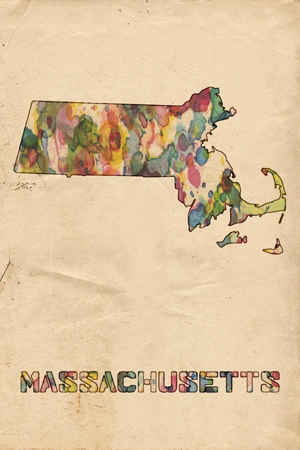 Massachusetts Map Vintage Watercolor Painting by Florian Rodarte
