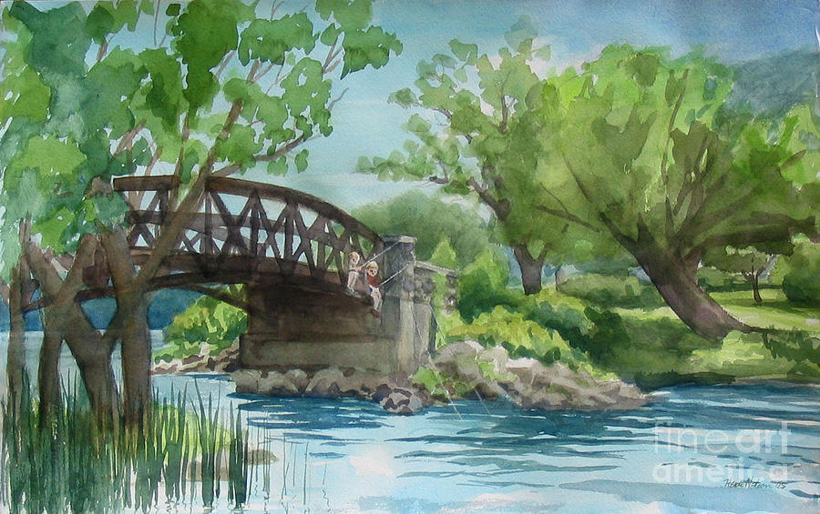 Fishing off Matoska Island Bridge Painting by Heidi E Nelson