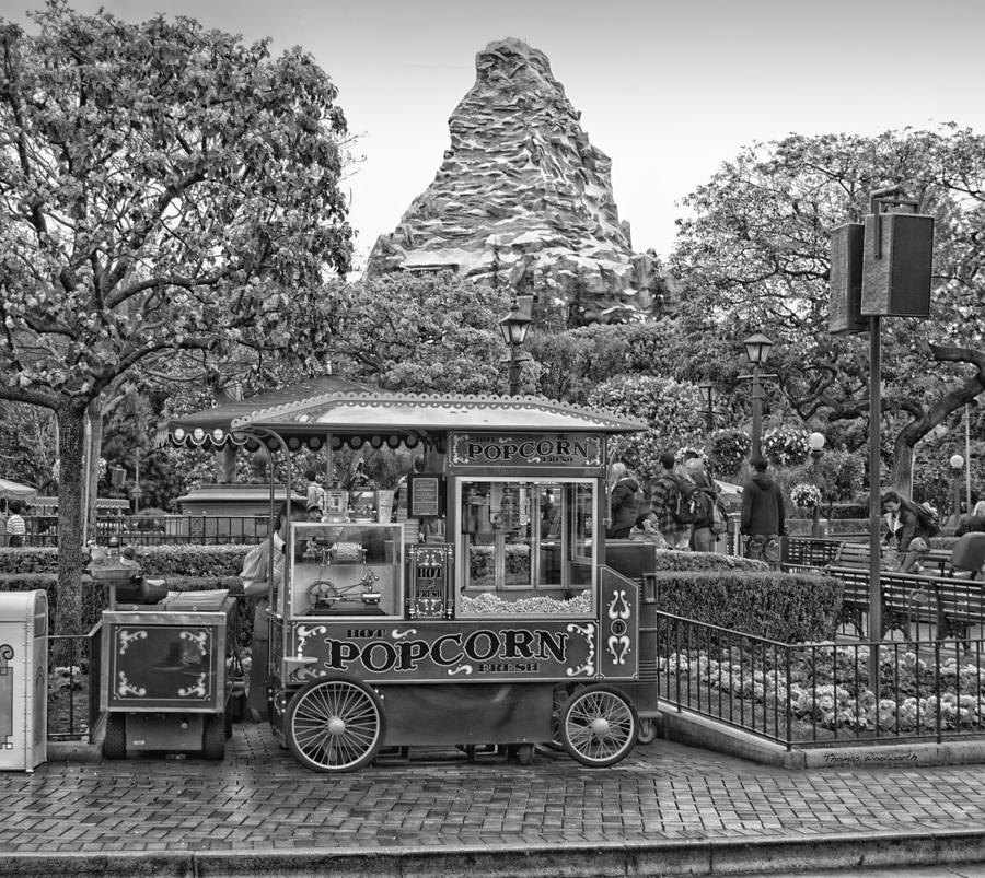 Matterhorn Mountain With Hot Popcorn At Disneyland BW Photograph by Thomas Woolworth