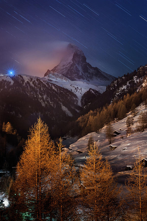 Nature Photograph - Matterhorn With Star Trail by Coolbiere Photograph
