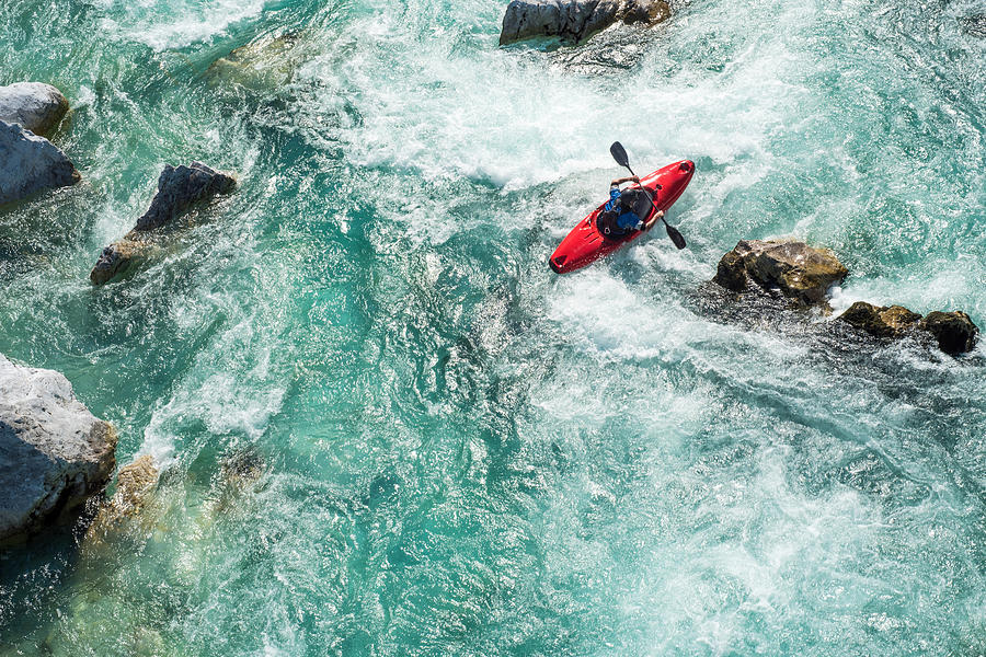 Mature Man Kayaking On  River Soca Rapids - High Angle View Photograph by CasarsaGuru