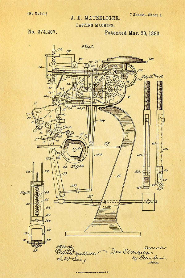 Vintage Photograph - Matzeliger Lasting Machine Patent Art 1883 by Ian Monk