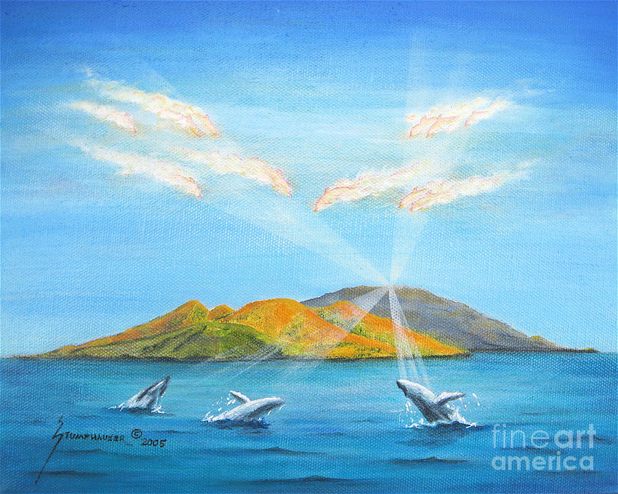 Whale Painting - Maui Hawaii Sunrise with Whales by Jerome Stumphauzer