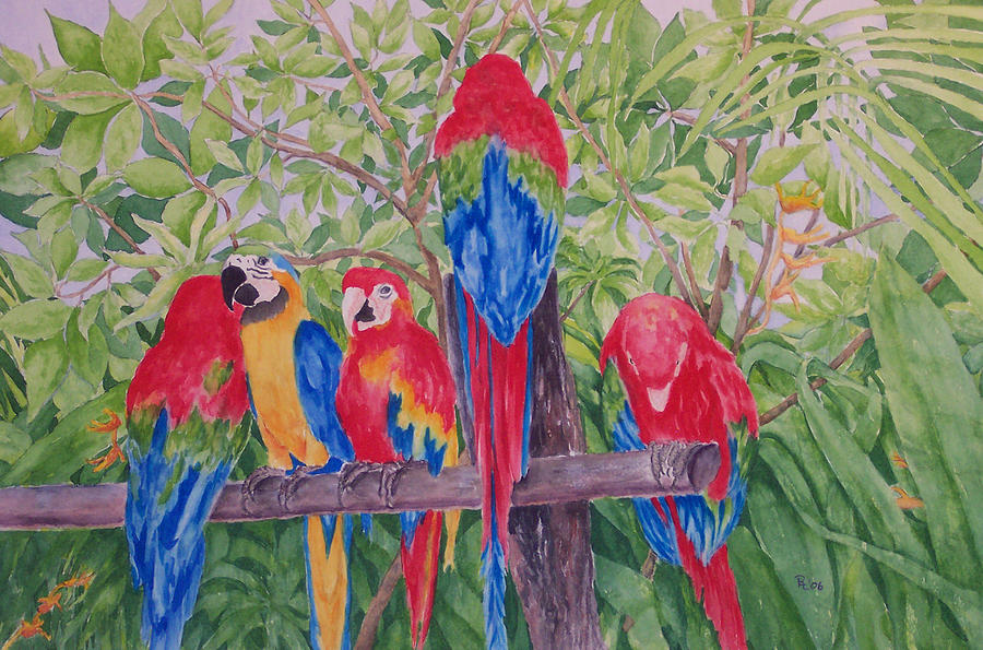 Primary Colors Painting - Maui Macaws by Rhonda Leonard