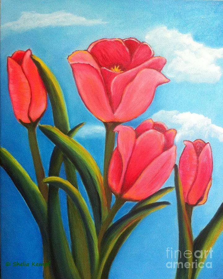May Flowers - Pink Tulip Flowers Painting by Shelia Kempf