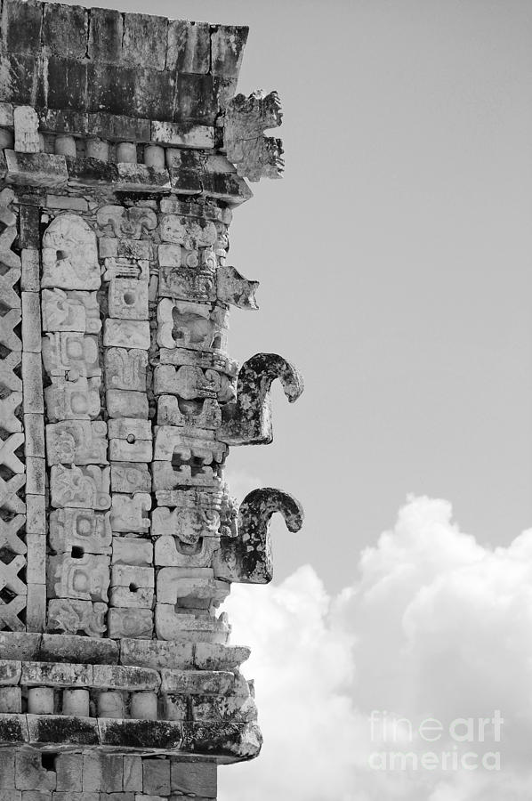 Mayan Glyphs Profile at Uxmal Mexico Black and White Photograph by Shawn OBrien