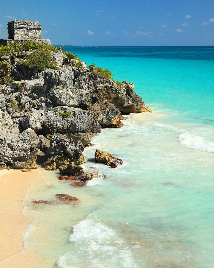 Mayan Photograph - Mayan Temple and Turquoise Sea Tulum Mexico by Roupen Baker